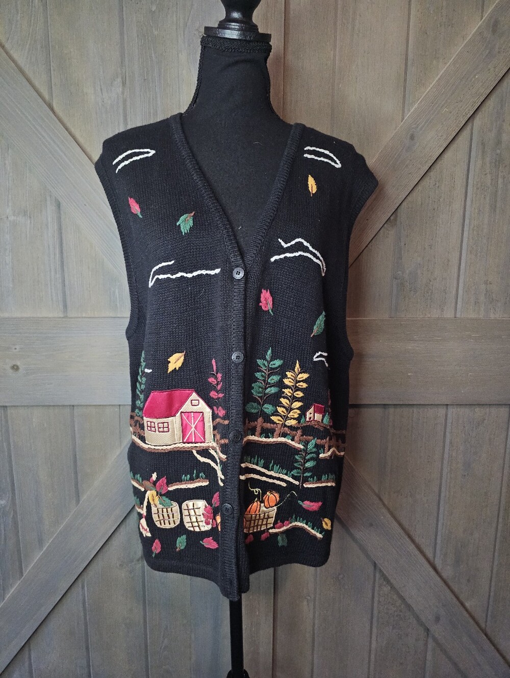 Vintage One Resource Black Embroidered Fall Scene Sweater Vest sz XL